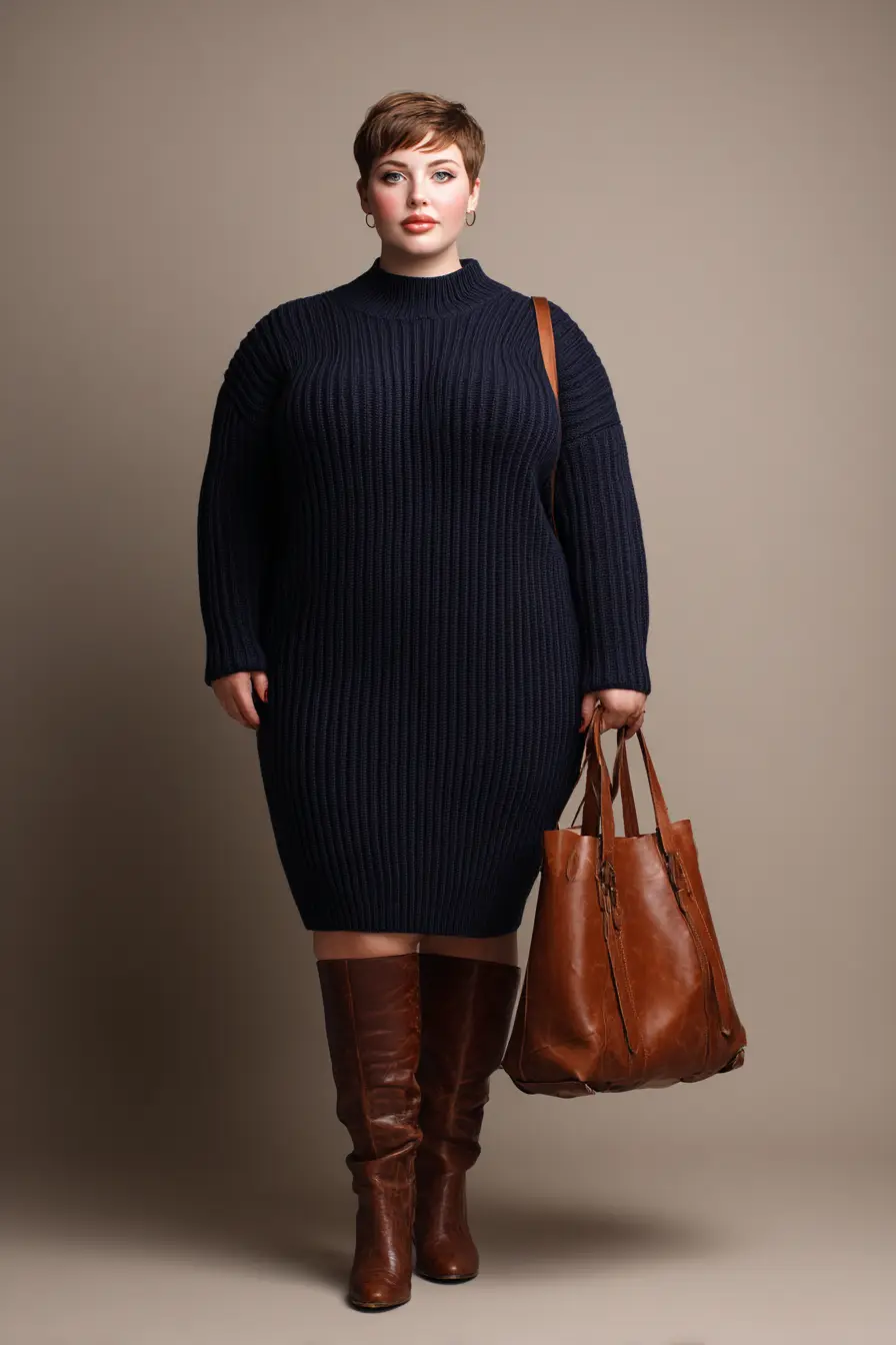 Navy Ribbed Knit Dress + Tall Leather Boots