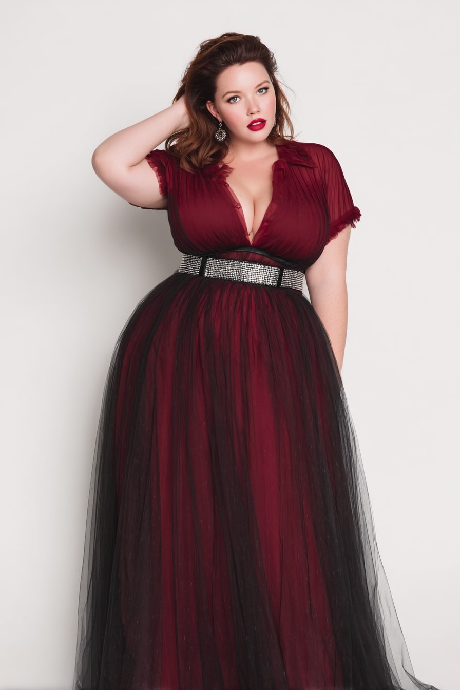 Burgundy Mesh Gown + Sparkle Belt