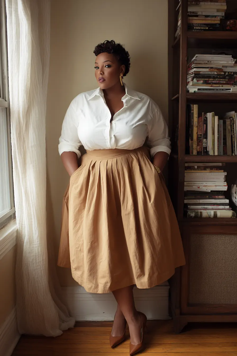 Button-Down Shirt + A-Line Midi Skirt