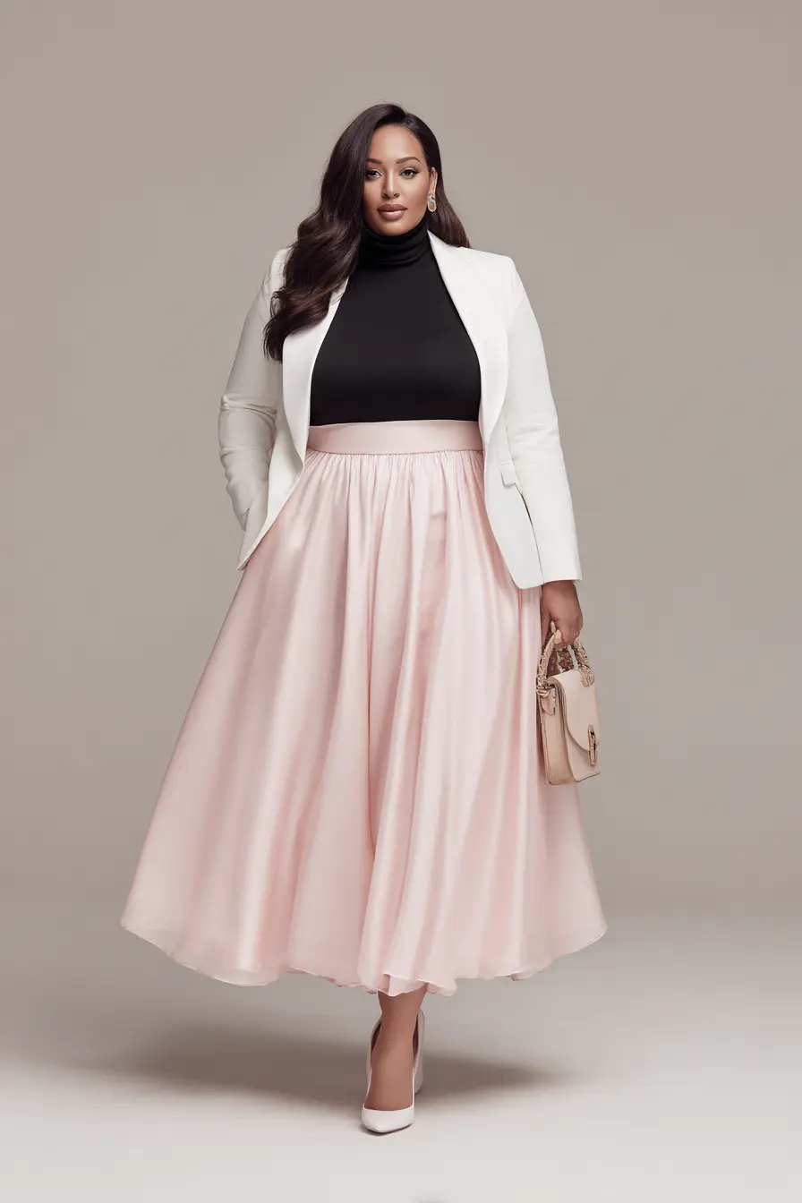 White Blazer + Dusty Rose Chiffon Midi Skirt