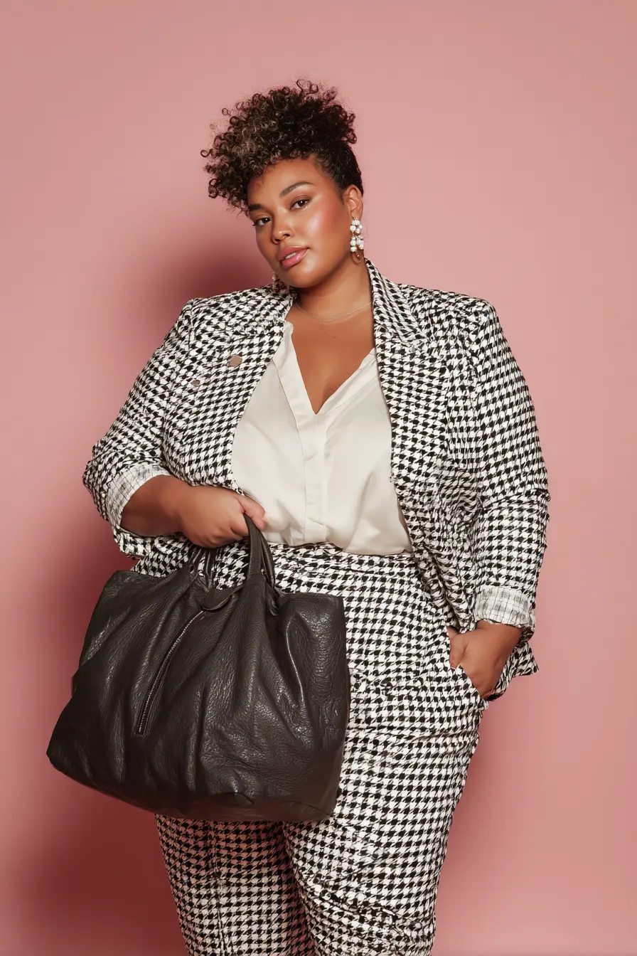 Houndstooth Suit Set + Satin Button-Down Contrast