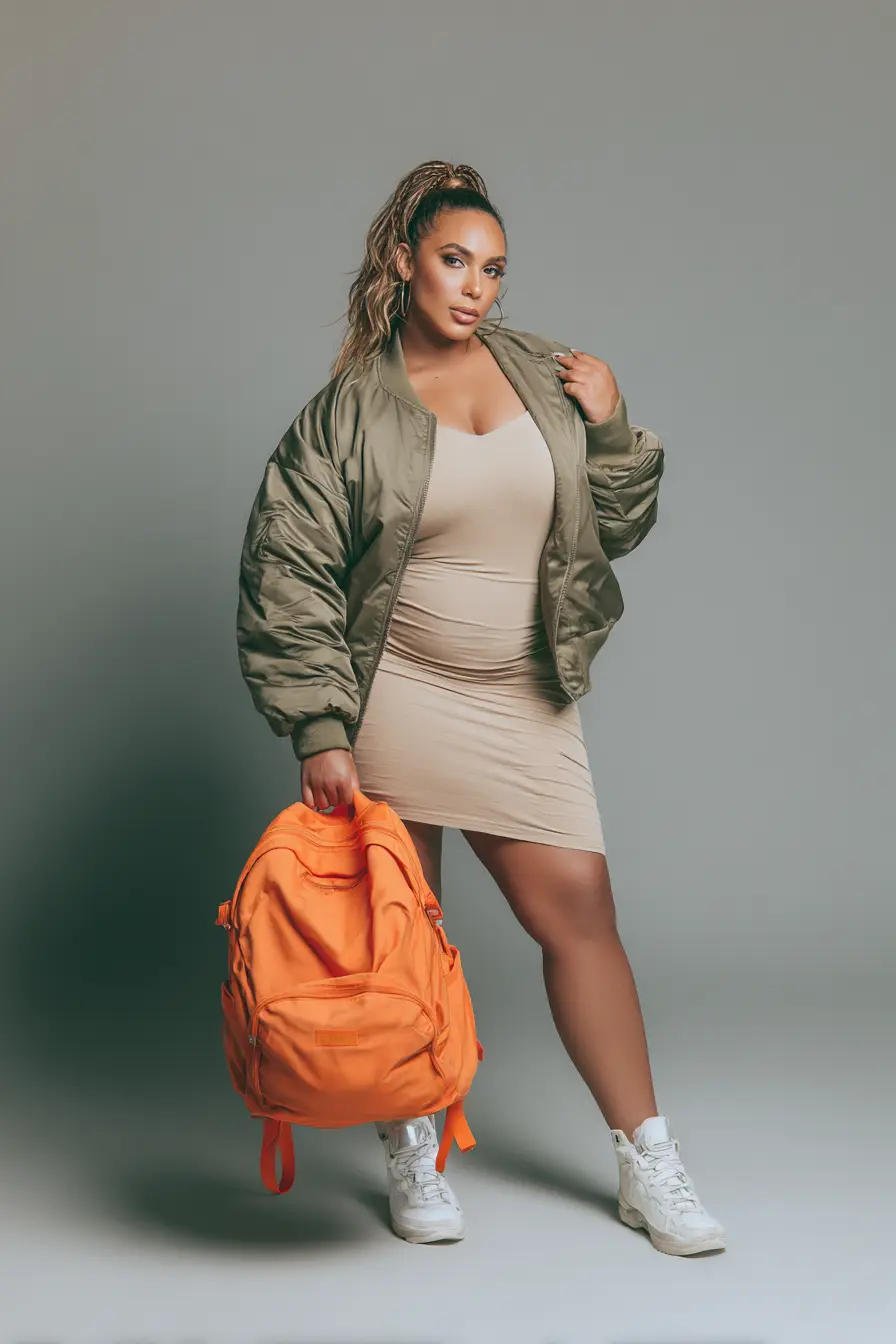Nude Bodycon Dress + Oversized Bomber Jacket