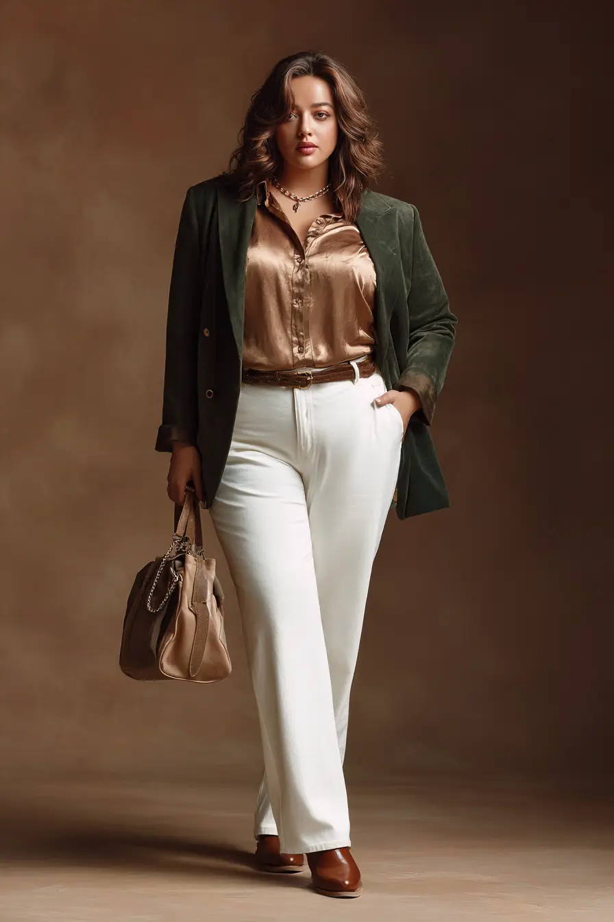 Olive Blazer + Satin Blouse Contrast