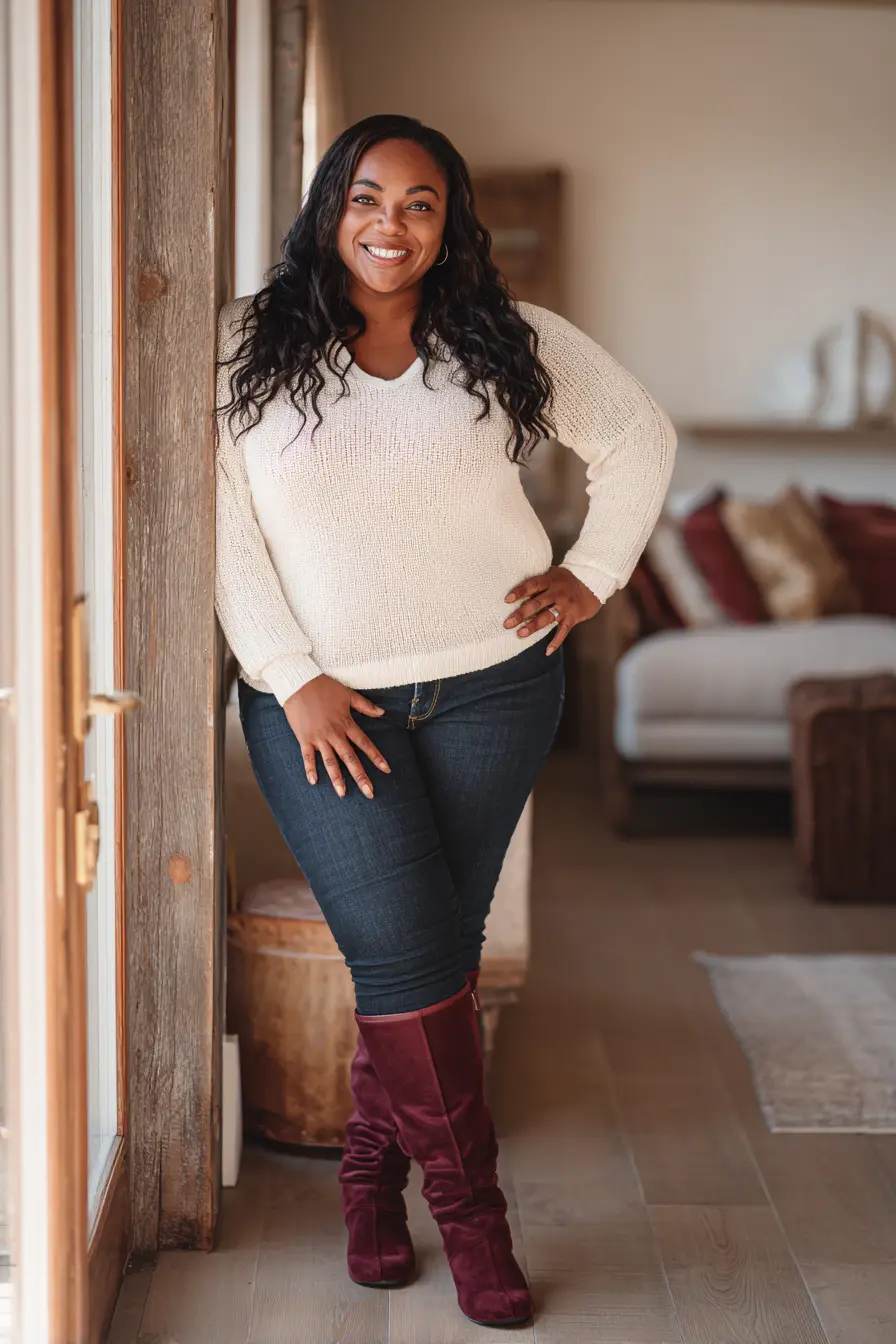 Textured Knit Sweater + Dark Wash Jeans + Suede Boots