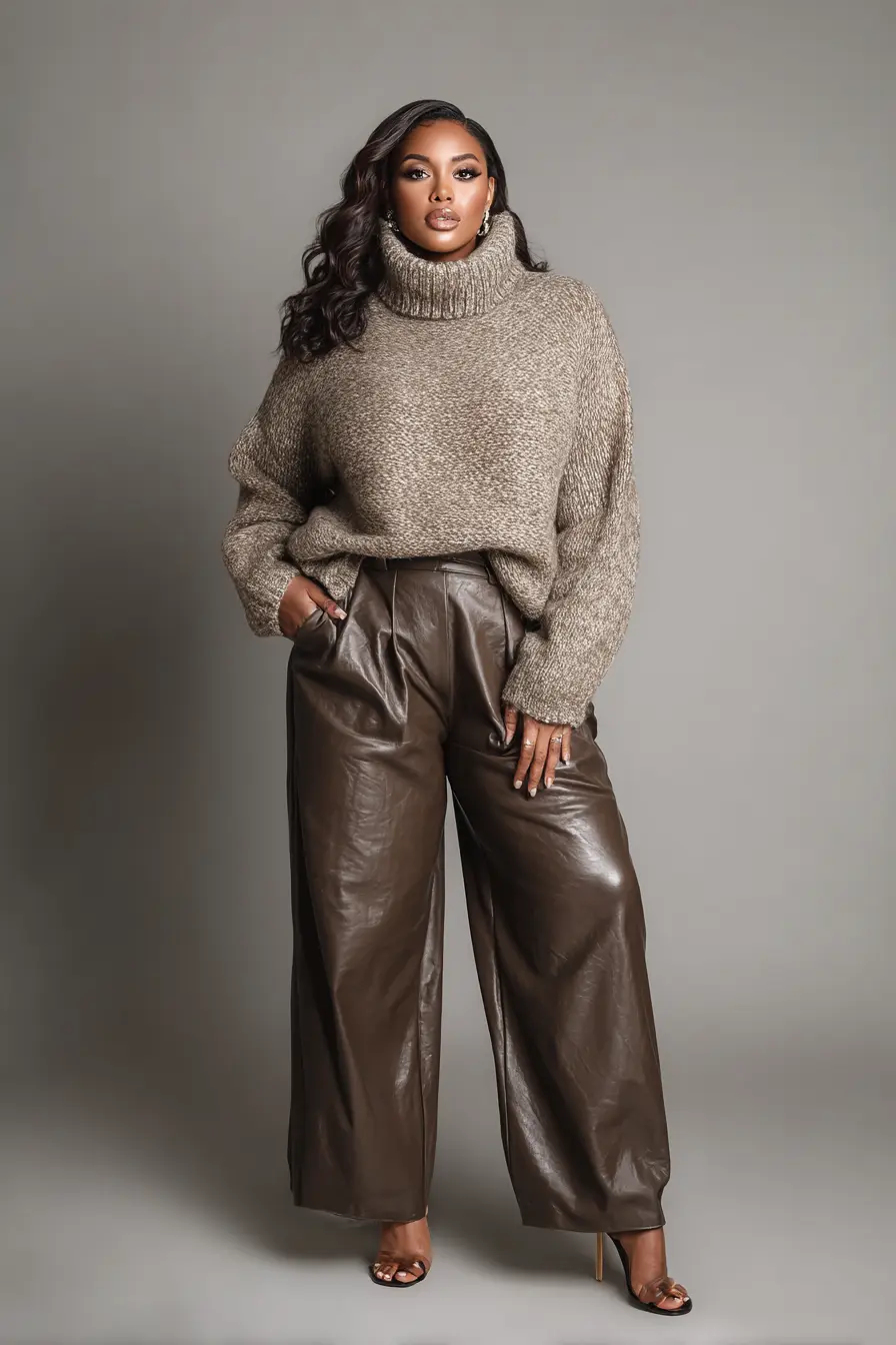Chunky Turtleneck Sweater + Faux Leather Trousers