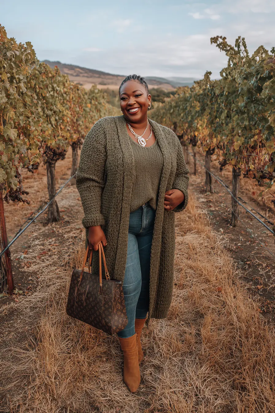Olive Cardigan Coat + Skinny Jeans