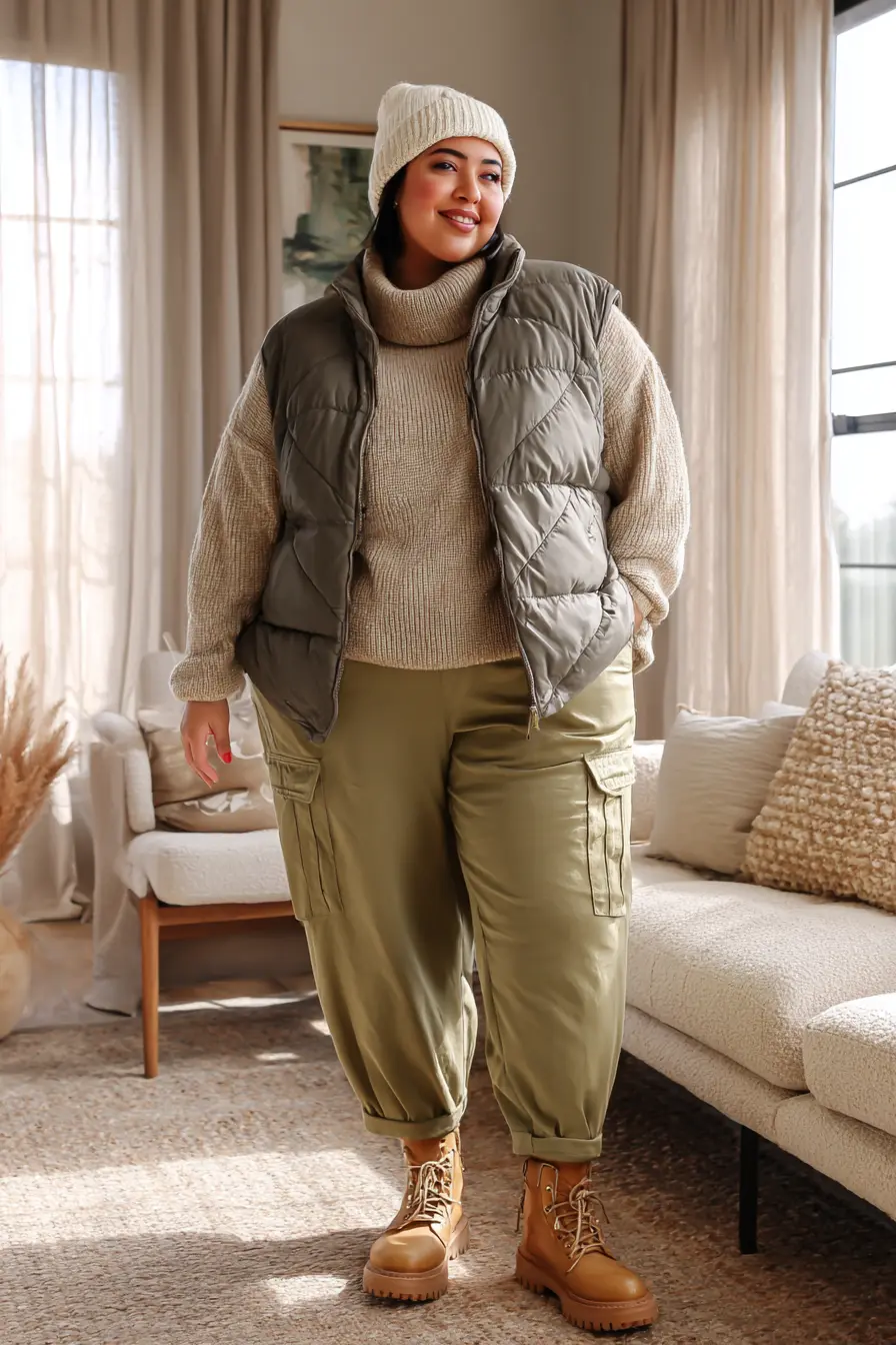 Puffer Vest + Cargo Pants and Knit Layers