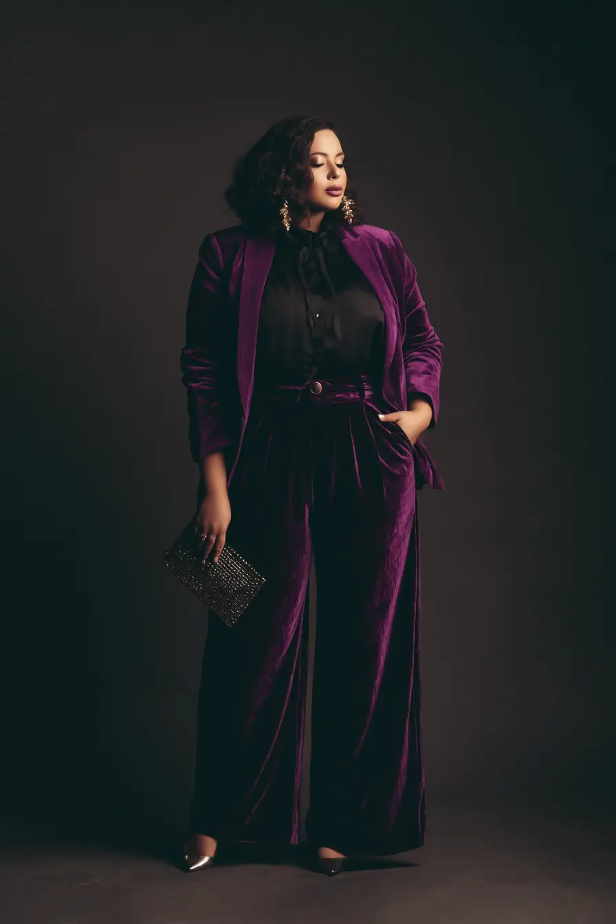 Plush Velvet Suiting + Sheer-Detail Blouse