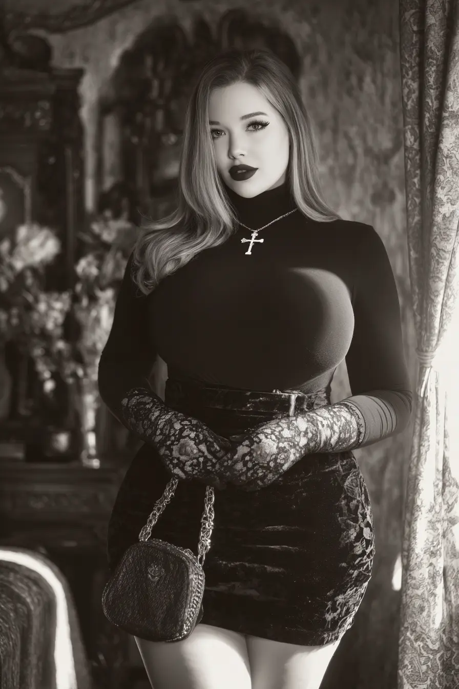 Lace Gloves + Velvet Mini Skirt