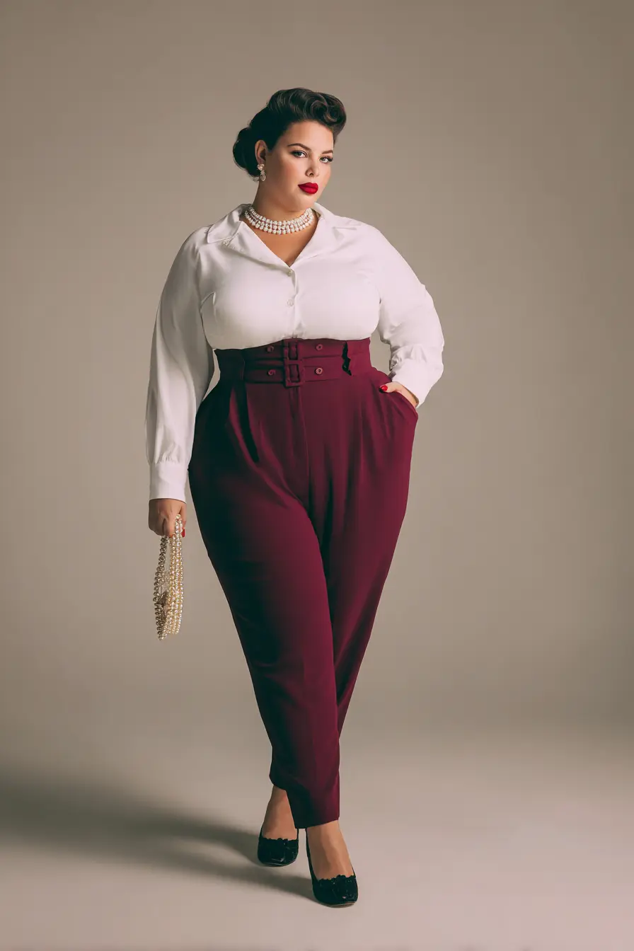 White Button-Down Blouse + High-Waist Tailored Trousers