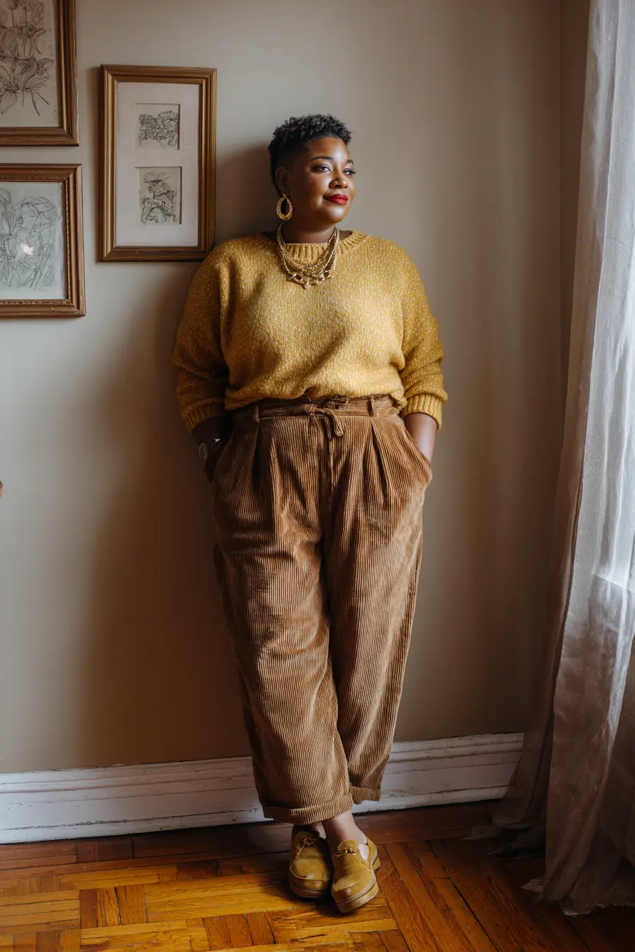 Mustard Sweater + Corduroy Paperbag Trousers