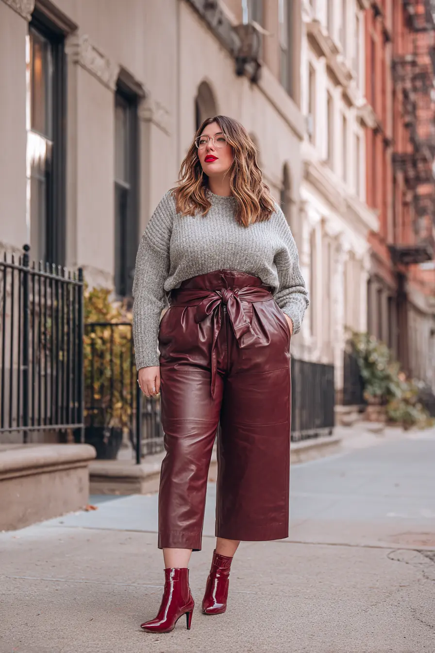Chunky Sweater + Paperbag Leather Pants + Patent Booties