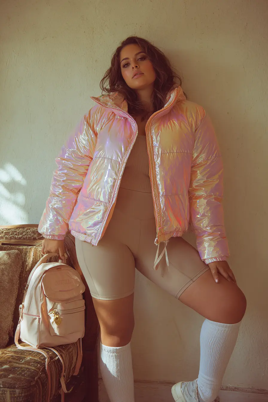Iridescent Puffer Jacket + Bike Shorts