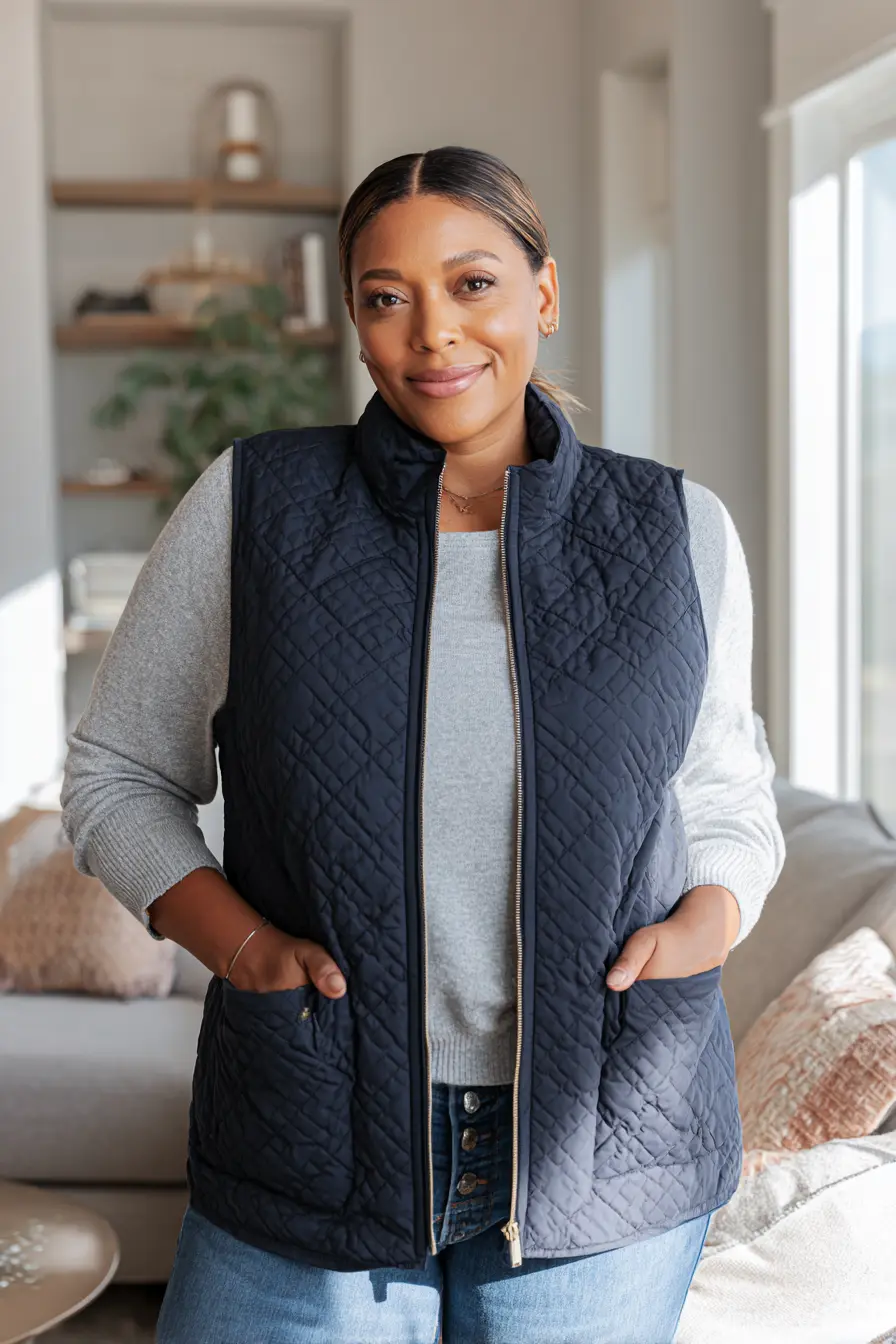 Quilted Navy Puffer Vest + Soft Knit Layers
