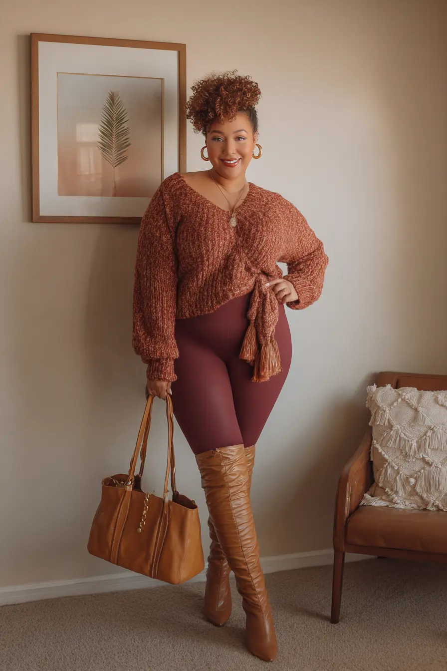 Rust Chenille Sweater + Merlot Leggings