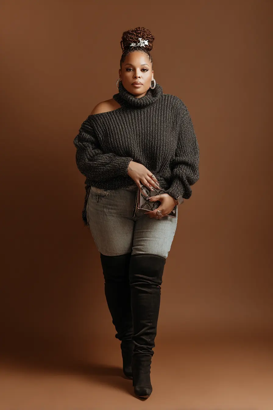 One-Shoulder Chunky Sweater + Fitted Denim and Tall Boots