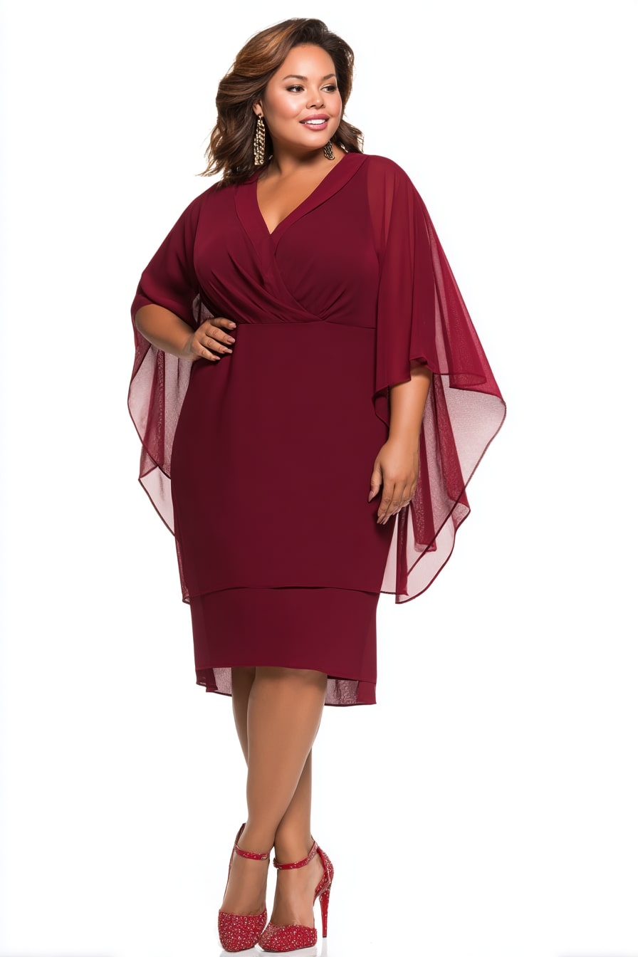 Burgundy Cape Sleeve Midi Dress