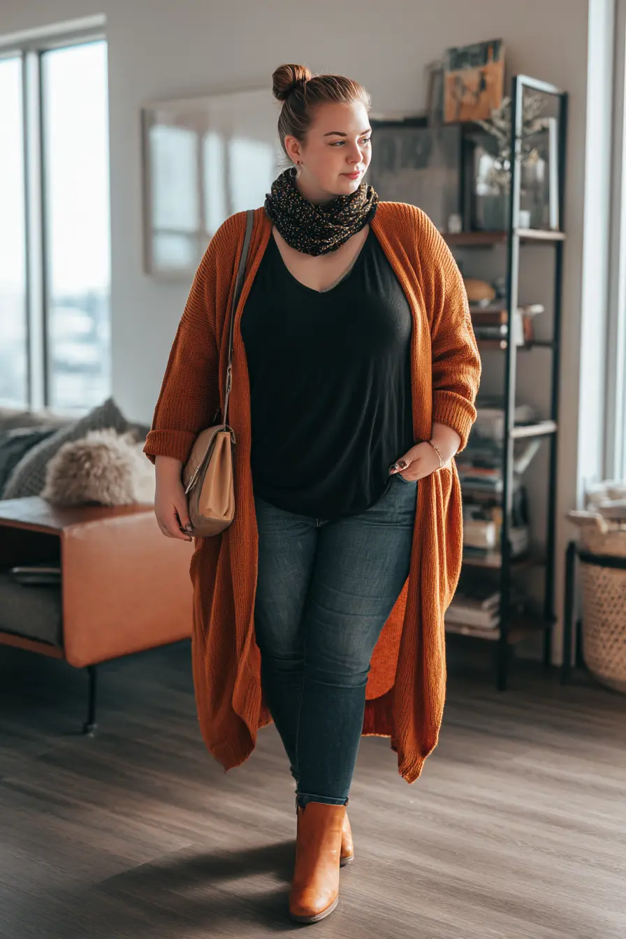 Burnt Orange Cardigan + Dark Denim