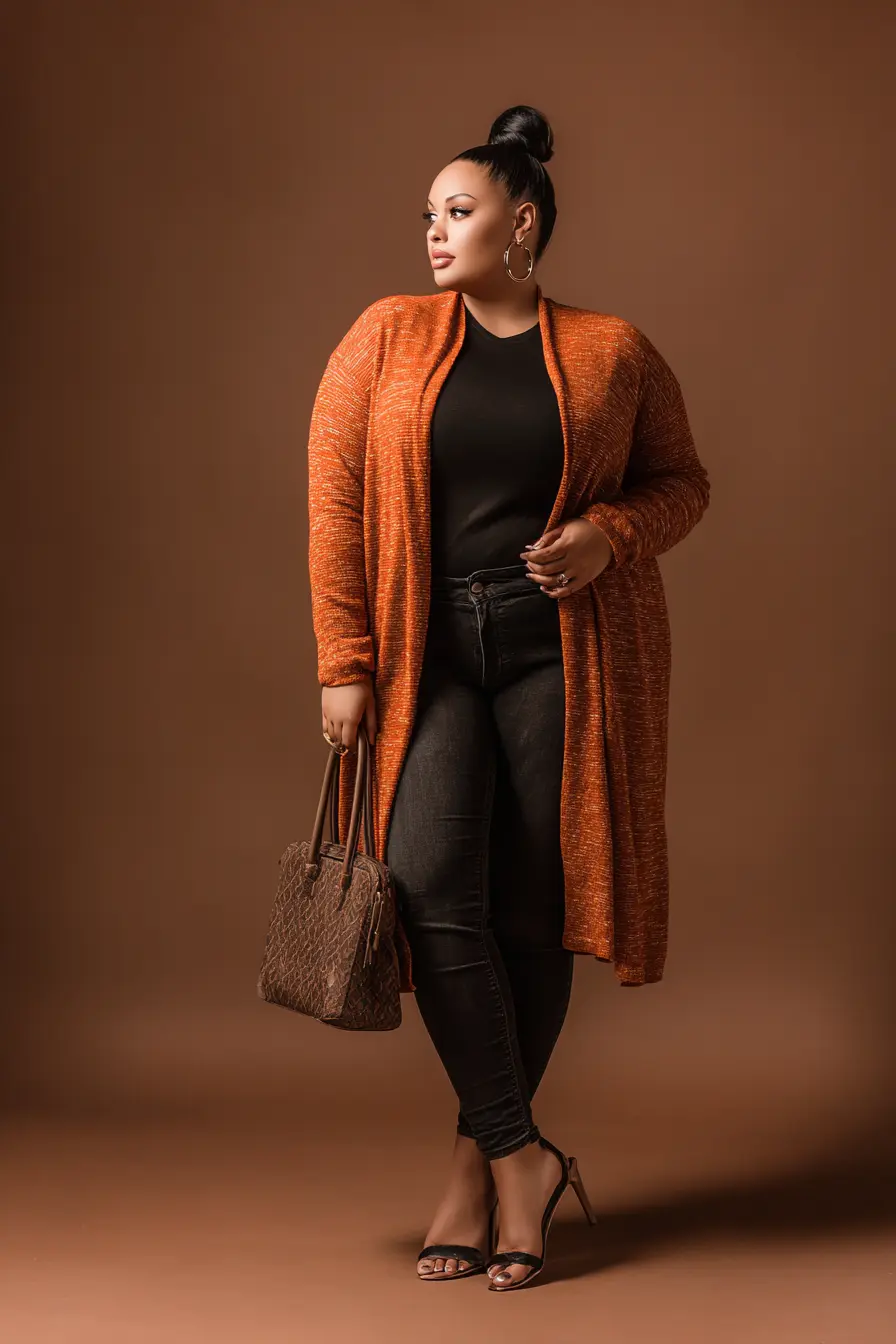 Burnt-Orange Duster Cardigan + Streamlined Black Layers