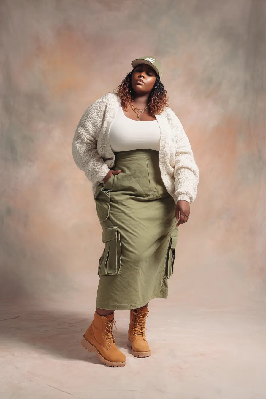 Chunky Cardigan + Olive Cargo Midi Skirt