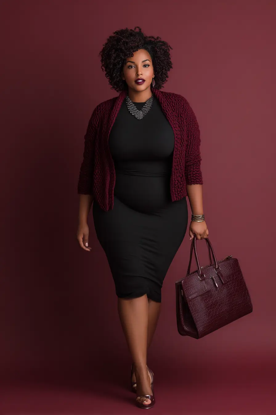 Black Bodycon Dress + Burgundy Knit Cardigan