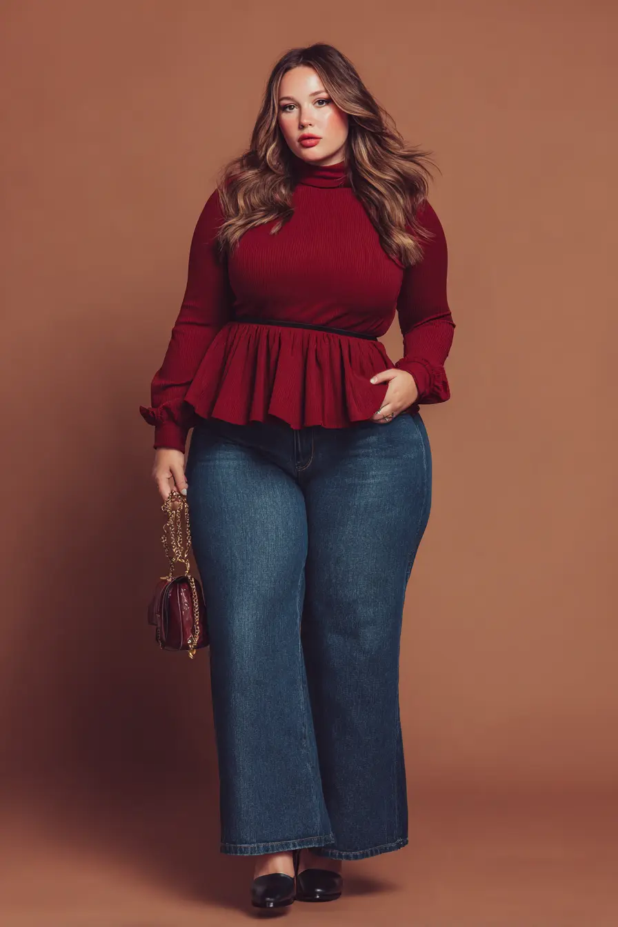 Ribbed Peplum Turtleneck + Dark Wide-Leg Denim