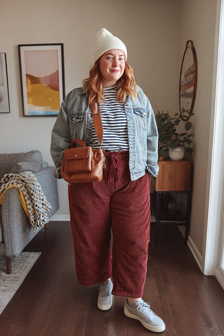 Cropped Denim Jacket + Corduroy Pants Layer