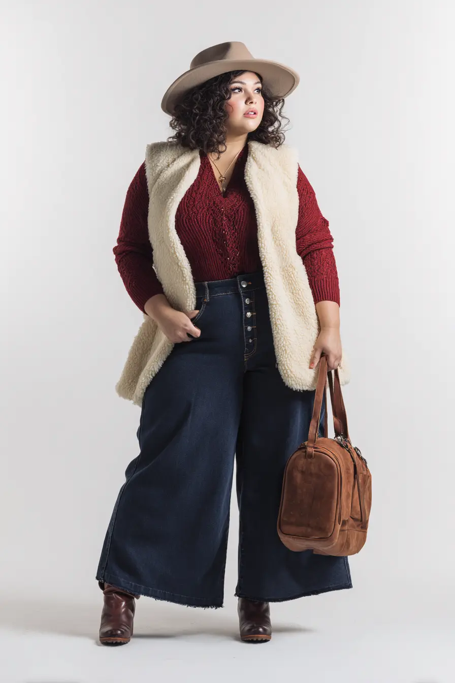 Sherpa Vest + Wide-Leg Denim