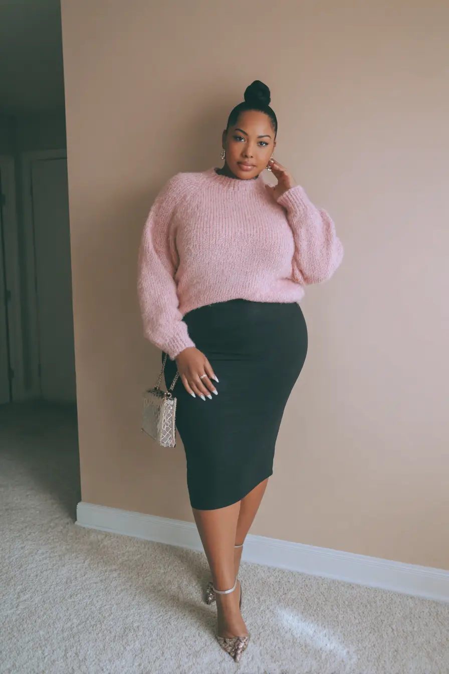 Blush Sweater + Black Pencil Skirt