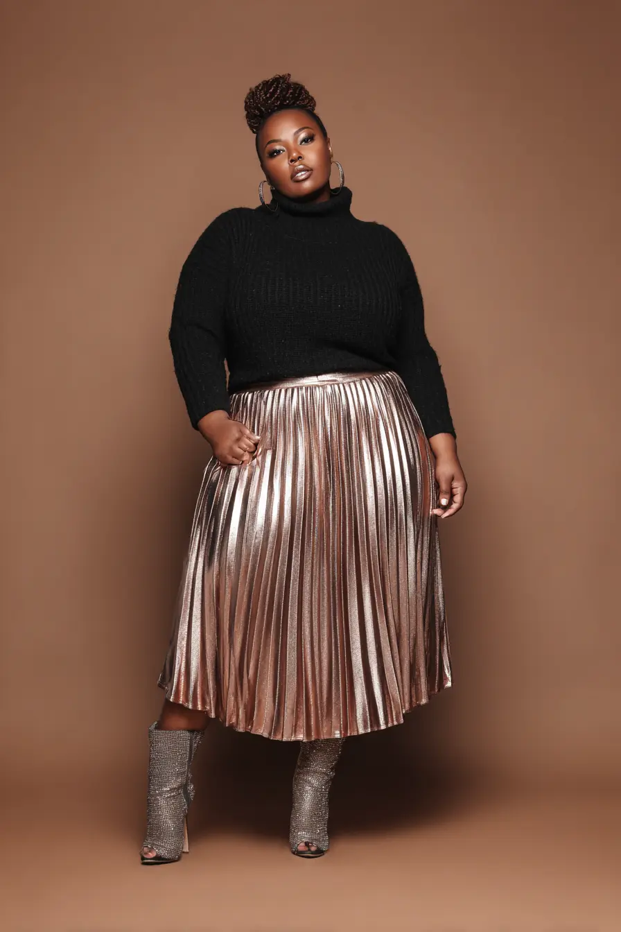 Metallic Pleated Skirt + Turtleneck Sweater