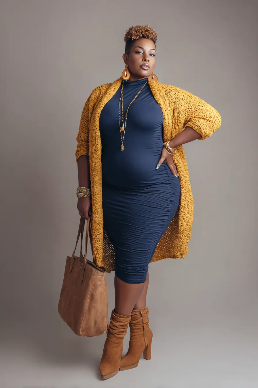 Bodycon Midi Dress + Mustard Cardigan