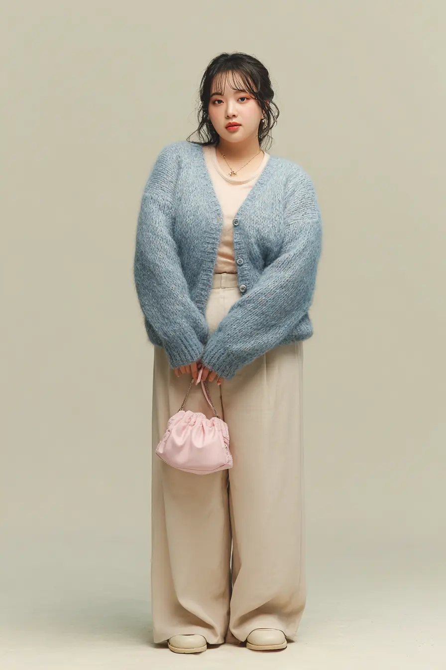 Fuzzy Blue Cardigan + Cream Wide-Leg Pants