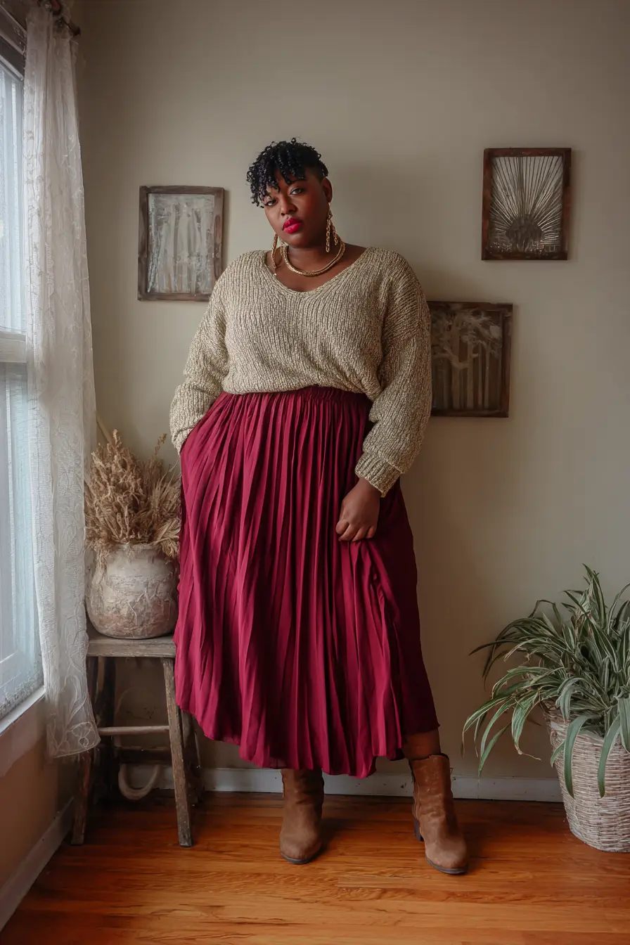 Chunky Sweater + Pleated Maxi Skirt