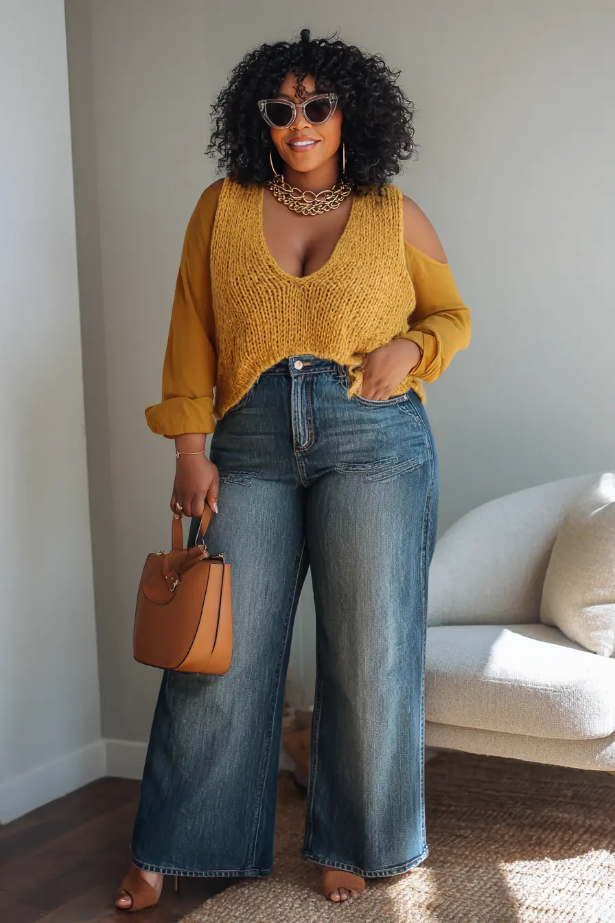 Mustard Sweater Vest + Wide-Leg Denim Retro