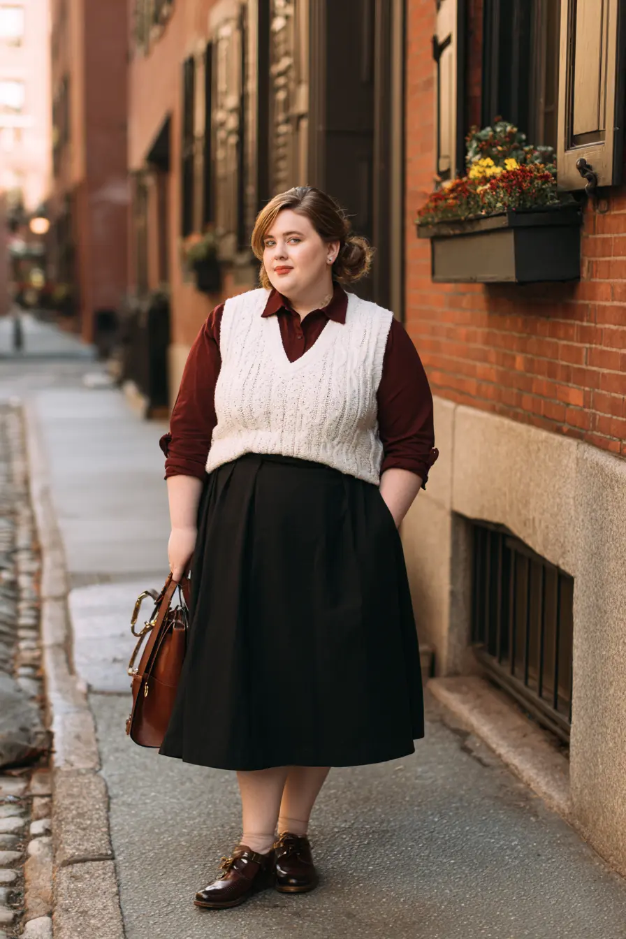 Sweater Vest + Midi Skirt + Oxford Shoes