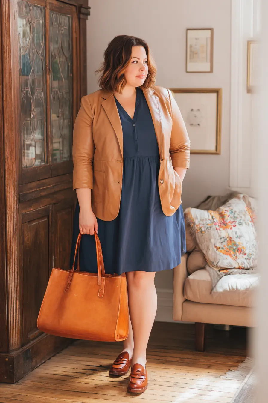 Camel Blazer + Navy Dress