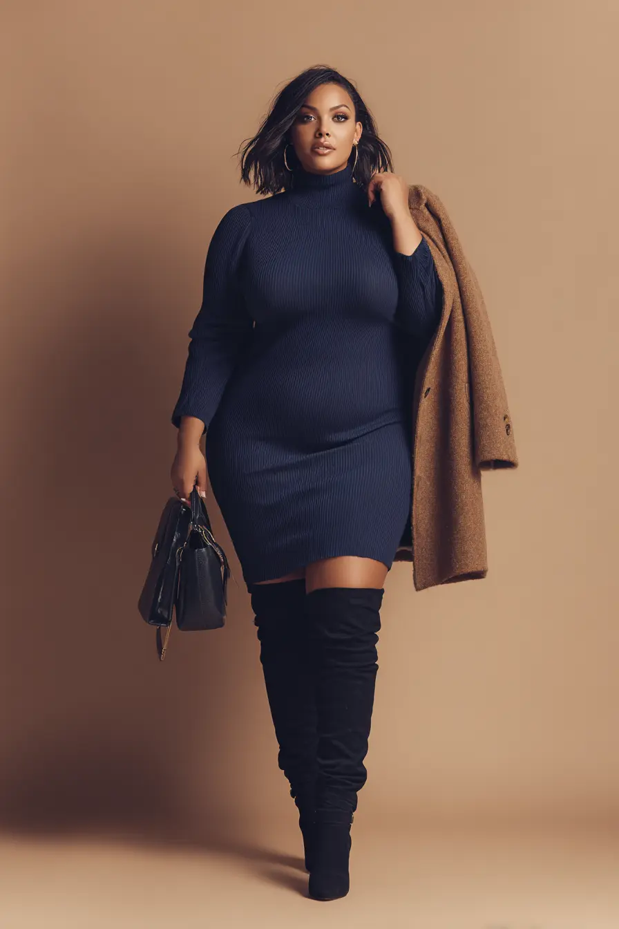 Ribbed Turtleneck Dress + Structured Wool Coat