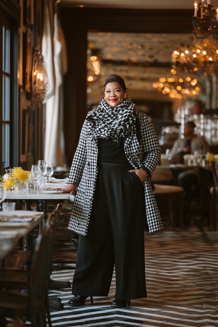 Classic Black Jumpsuit with Houndstooth Coat