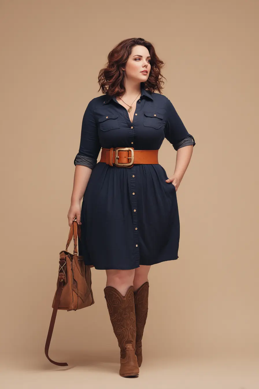 Navy Shirtdress + Wide Tan Belt Accent