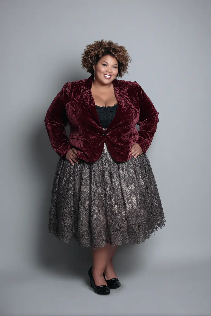 Velvet Blazer + Lace Overlay Midi Skirt