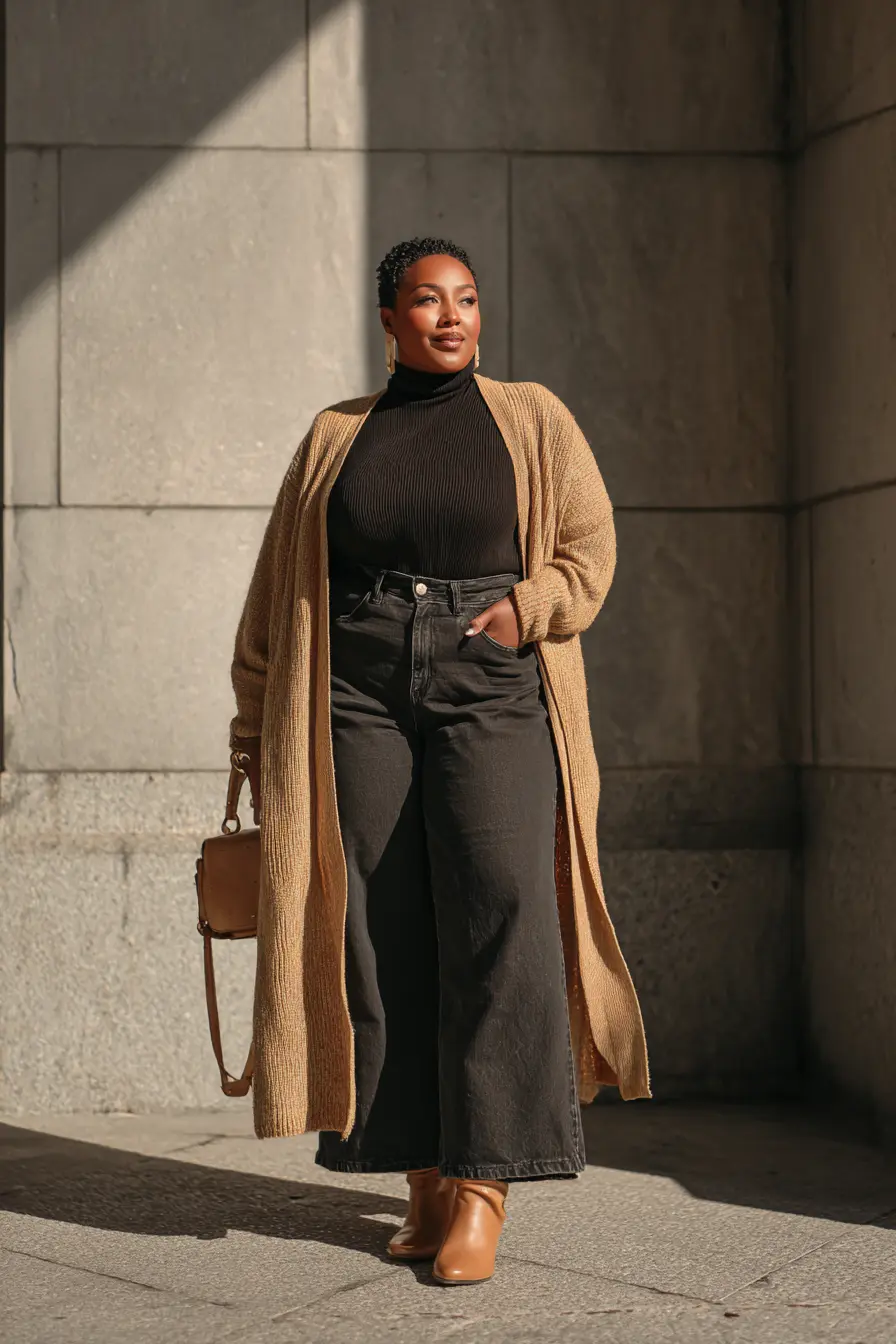 Long Cardigan Coat + Wide Jeans Flow