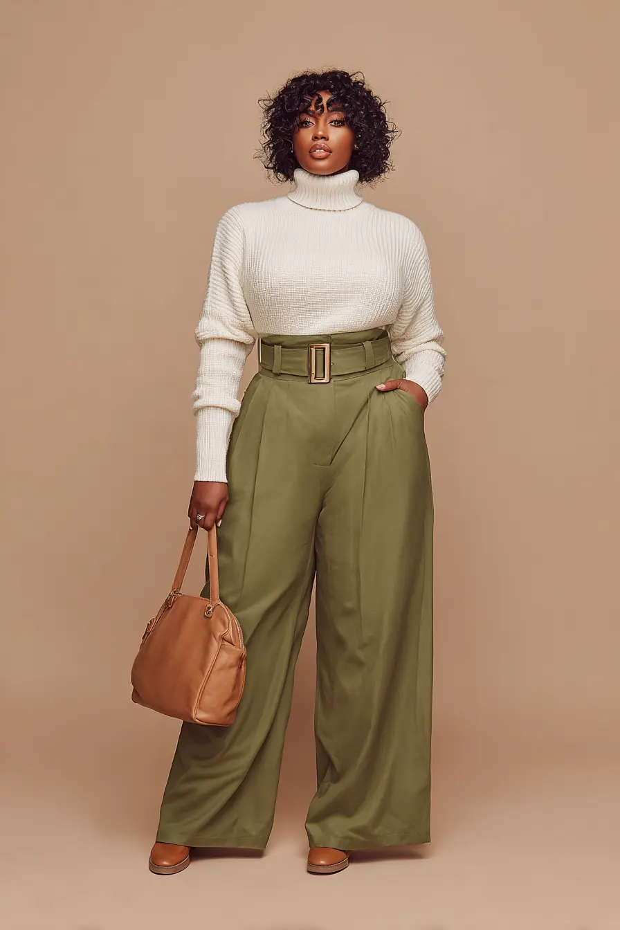 Cream Turtleneck Sweater + Olive Belted Trousers