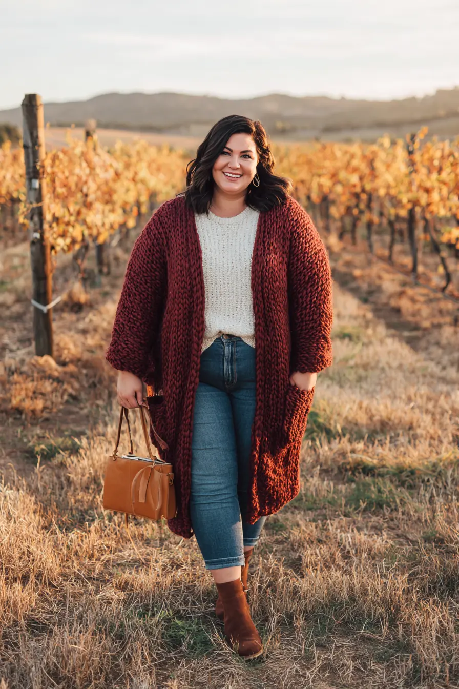 Burgundy Chunky Cardigan + Cropped Denim
