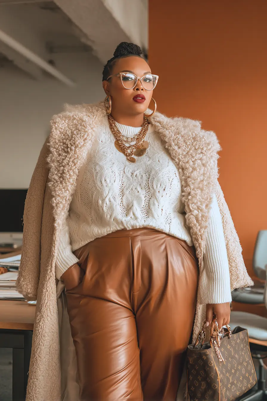 Textured Sweater + Leather Pants Contrast