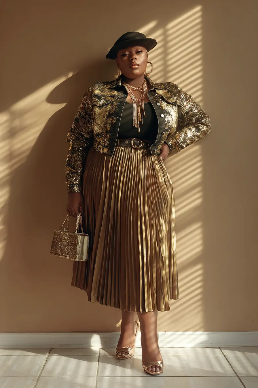 Metallic Jacket + Pleated Midi Skirt