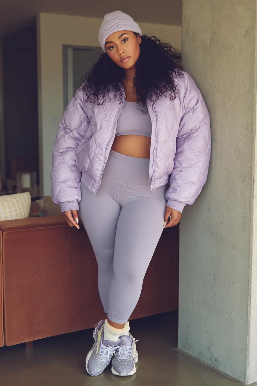Sporty Autumn Look with a Lilac Puffer