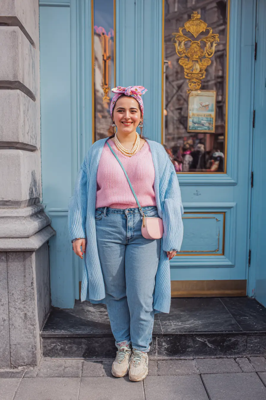 Soft Pink Knit + Longline Blue Cardigan
