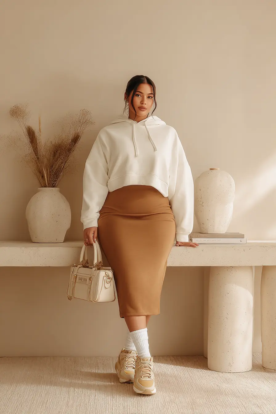 Cropped Hoodie + Fitted Midi Skirt