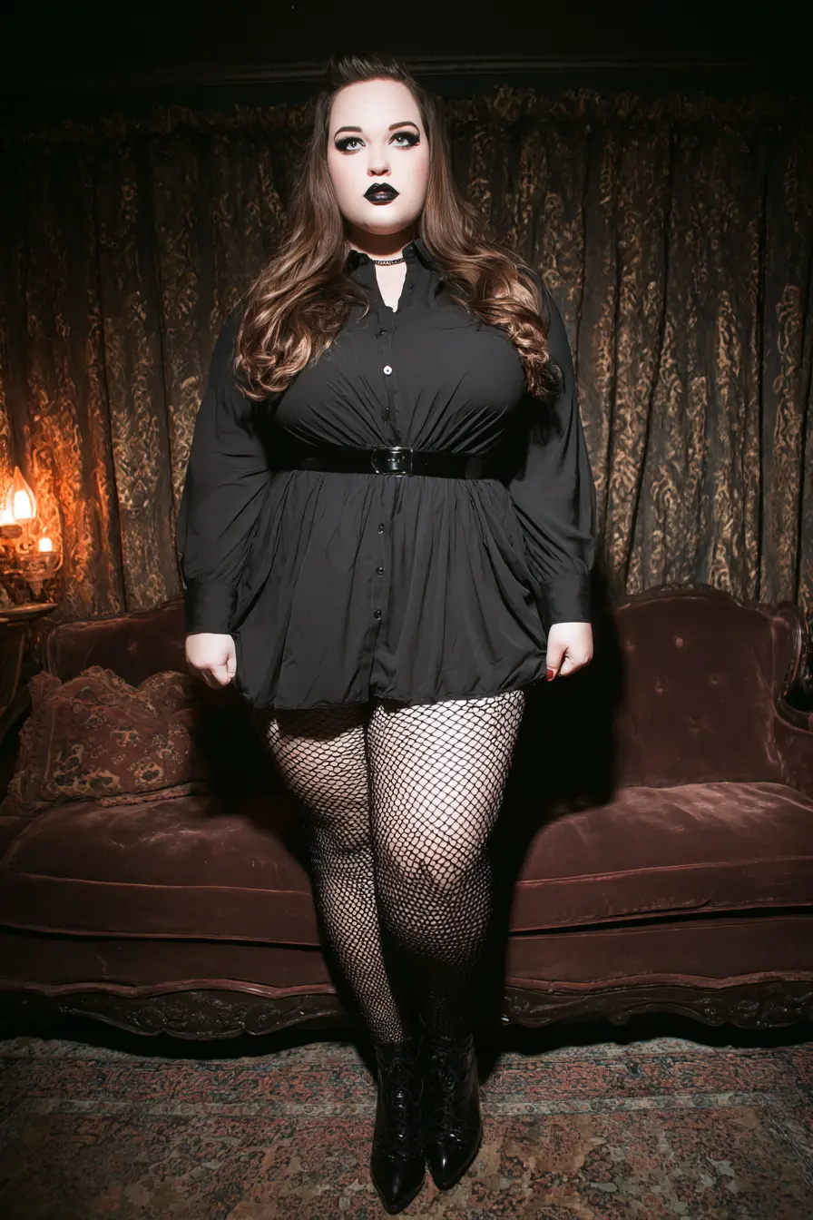Belted Shirt Dress + Fishnet Tights