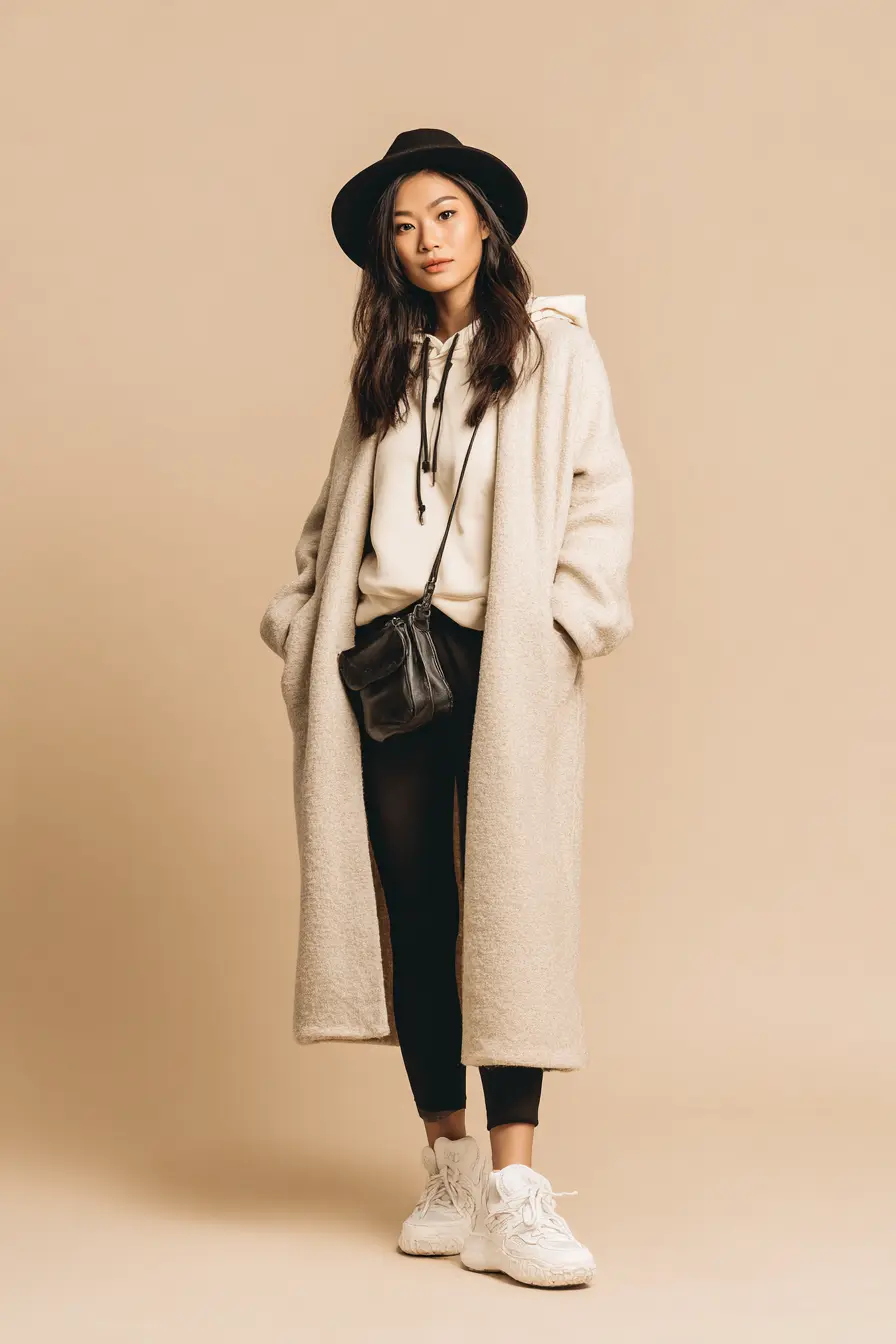 Long Fleece Coat + Neutral Hoodie Layering